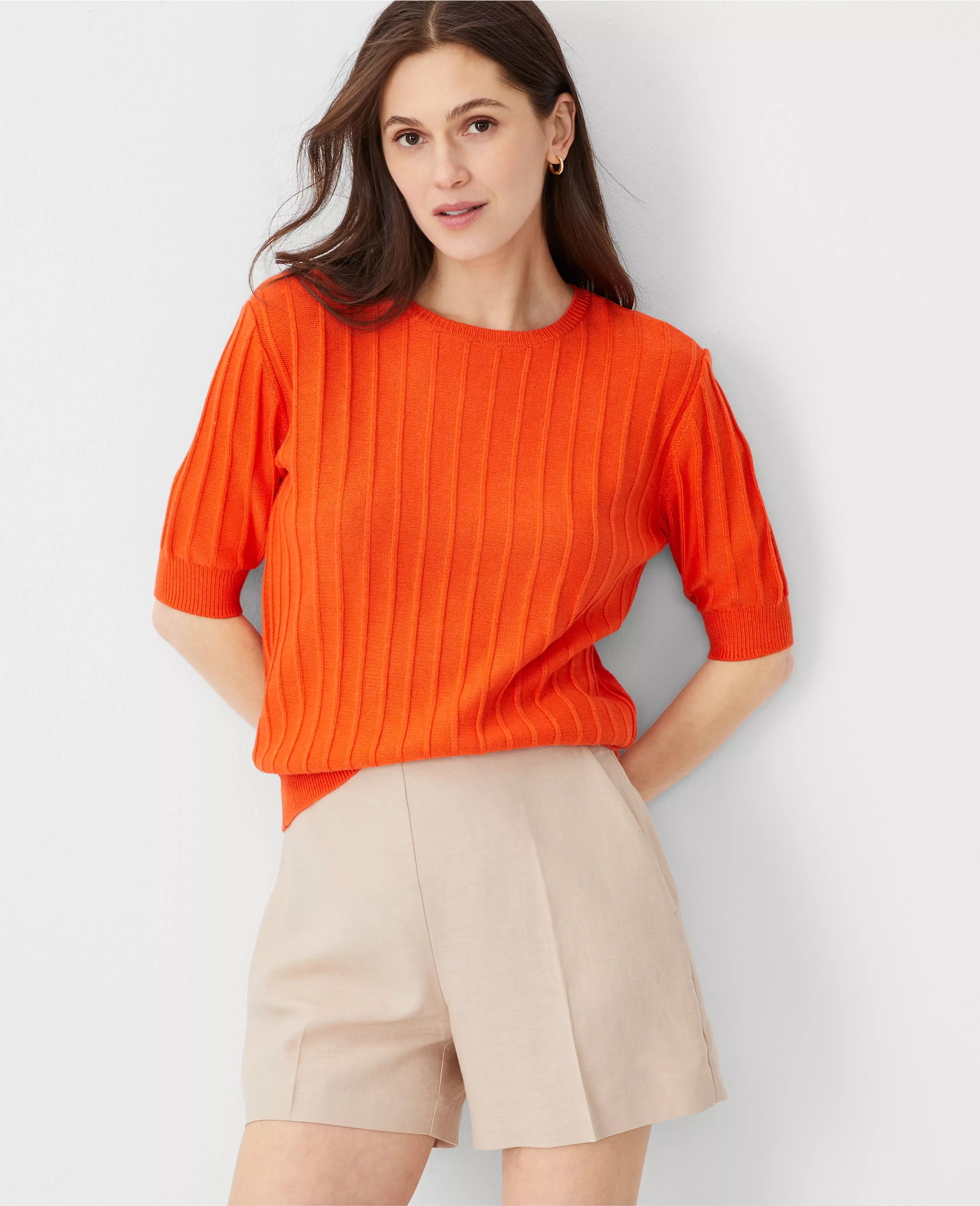 Petite Wide Ribbed Elbow Sleeve Sweater Tee | Ann Taylor (US)