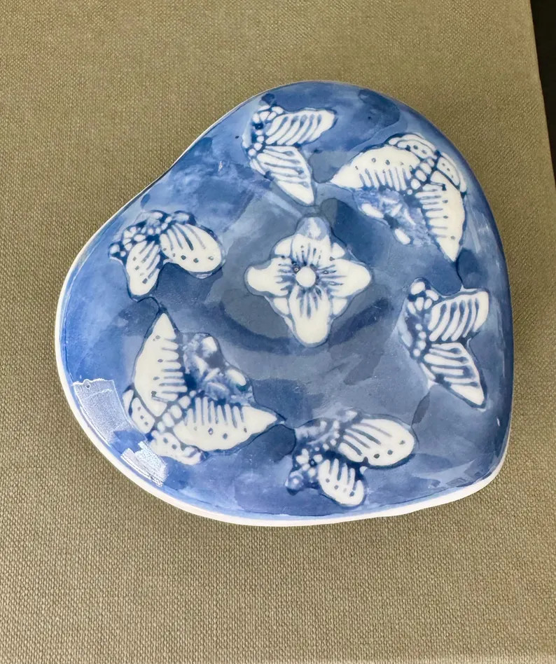 Vintage Blue and White Heart Trinket Box With Butterfly & Floral Design | Ceramic Jewelry Box | C... | Etsy (US)