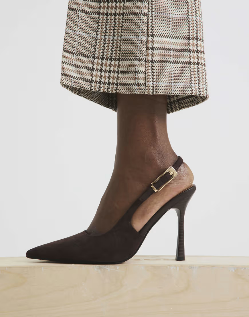 River Island Faux suede slingback buckle court heels in brown | ASOS (Global)