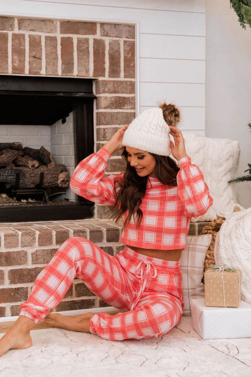 Quiet Nights Cropped Pink/Red Plaid Lounge Top FINAL SALE | The Pink Lily Boutique