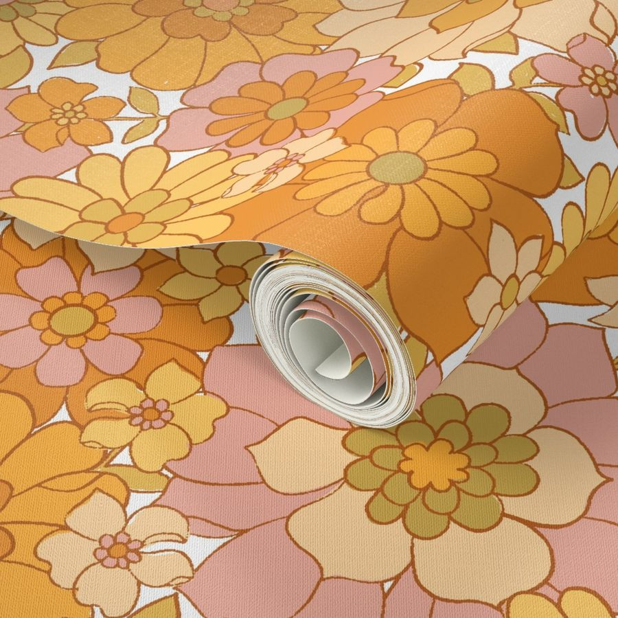 Avery Retro Floral on White-medium scale Wallpaper byred_raspberry_design | Spoonflower