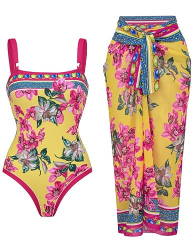 FLAXMAKER Women's Swimsuit Orchid Print One Piece Vintage Retro Swimsuit with Skirt/Sarong (US, Alpha, Medium, Regular, Regular, Pink Swimsuit and Sarong) | Amazon (US)