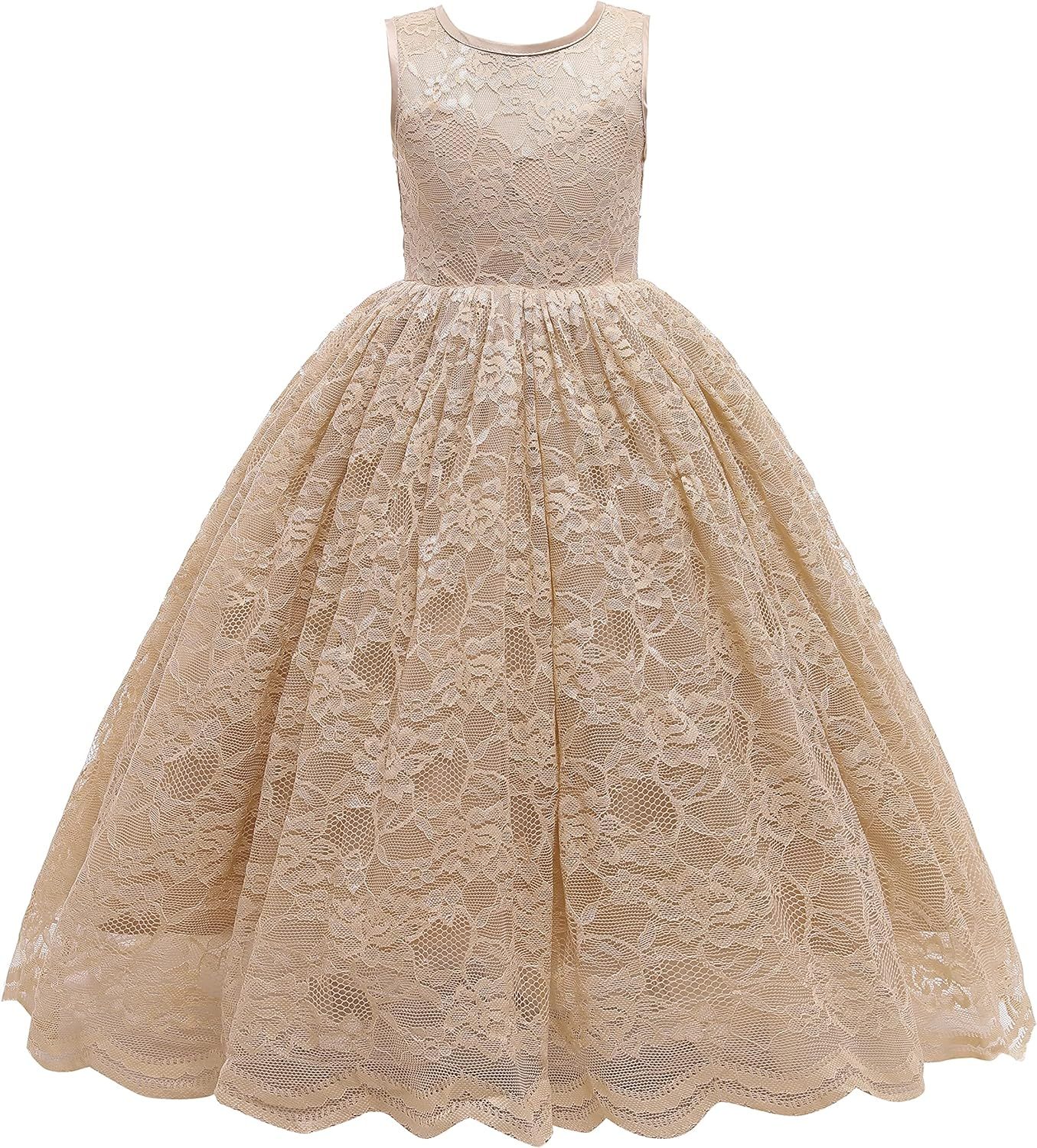 Glamulice Full Lace Flower Girls Dress Long A Line Bridesmaid Wedding Tulle Dresses Birthday Form... | Amazon (US)