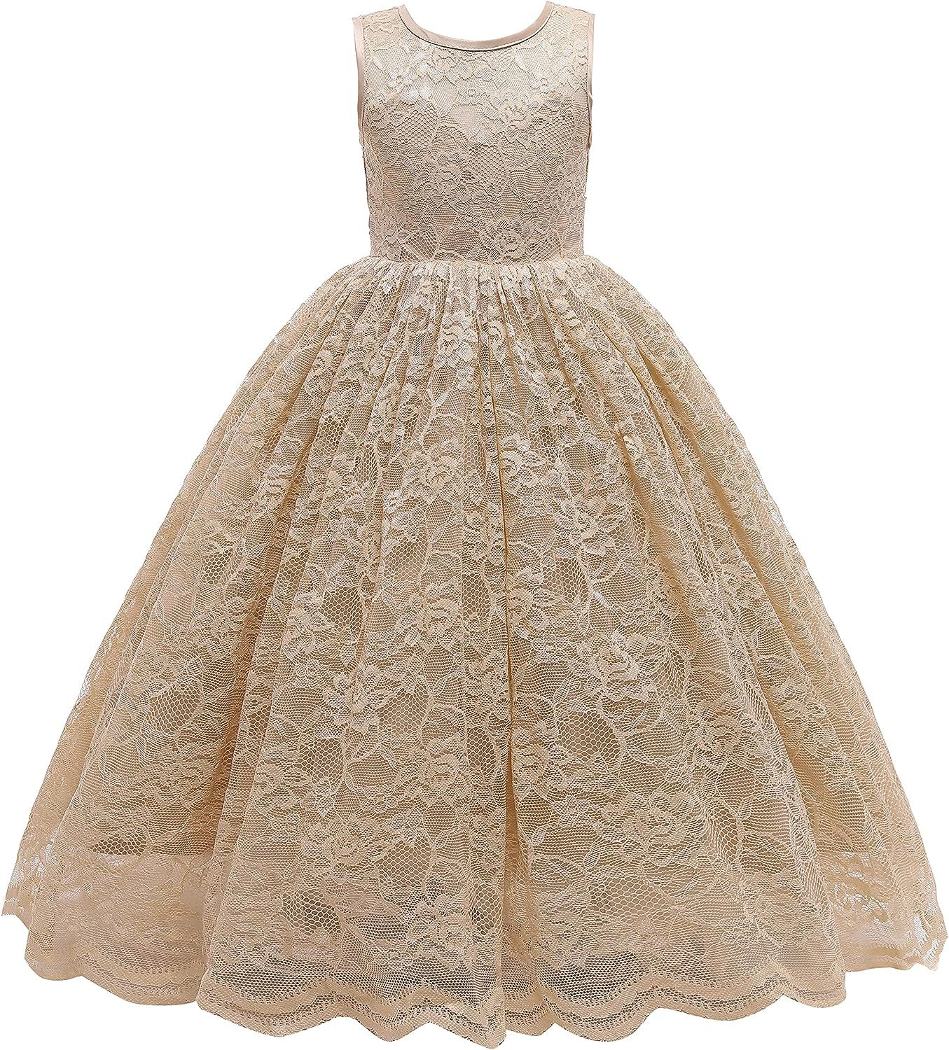 Glamulice Full Lace Flower Girls Dress Long A Line Bridesmaid Wedding Tulle Dresses Birthday Form... | Amazon (US)