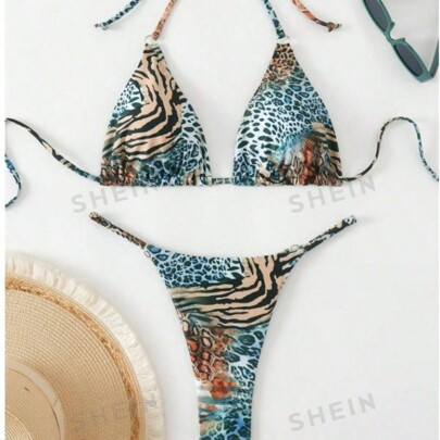 Swimming 2 Pieces/Set Women's Leopard Print And Zebra Print Suspender Sexy Plus Size Bikini Set, Suitable For Summer Beach Vacations | SHEIN