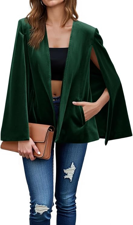 Cicy Bell Women's Velvet Cape Blazer Jackets Casual Split Long Sleeve Open Front Coat | Amazon (US)