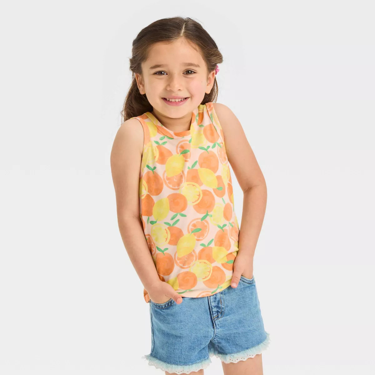 Toddler Girls' Tank Top - Cat & Jack™ Peach Orange 18M: Citrus Print, Crewneck, Cotton Blend, S... | Target