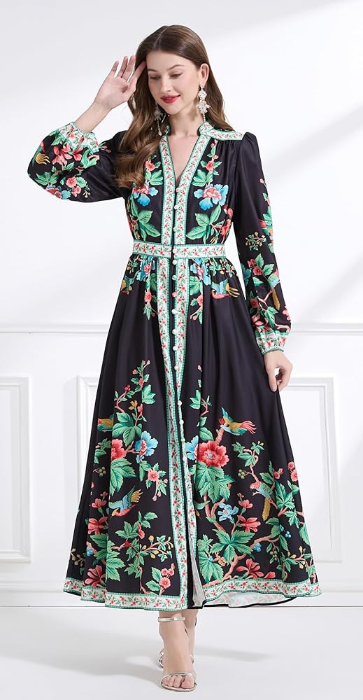 LAI MENG FIVE CATS Women's Casual Floral Print V-Neck Button up Slit Maxi Dress | Amazon (US)