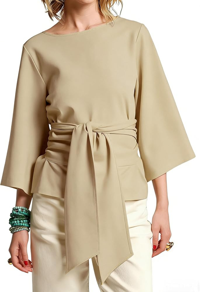 Women's Waist Belted Blouse Crew Neck 3/4 Trumpet Sleeve Casual Tunic Loose Fit Tops | Amazon (US)