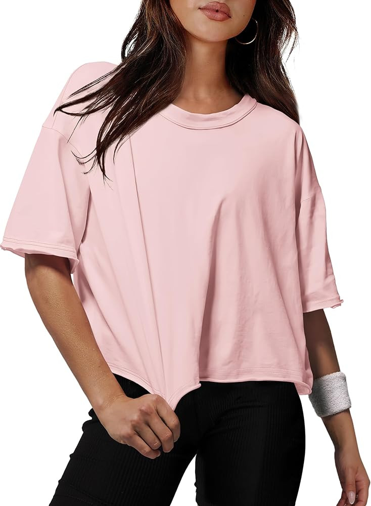 XIEERDUO Cotton Tshirts for Women Drop Shoulder Round Neck Oversized Crop Tops Workout Tops Tees | Amazon (US)