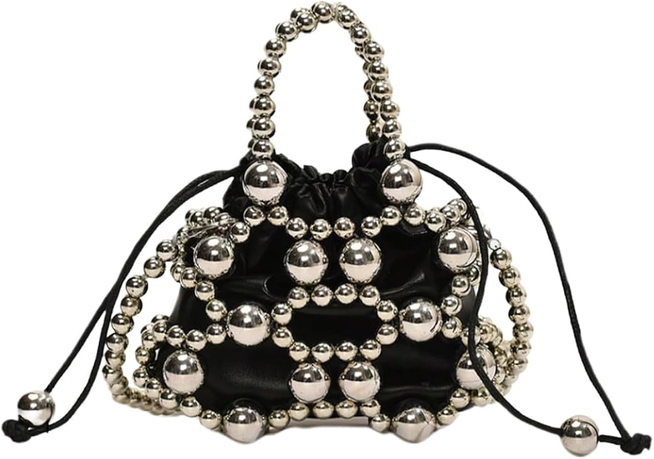 MakeMeChic Women's Beaded Leather Handbag Double Handle Drawstring Small Crossbody Bags | Amazon (US)