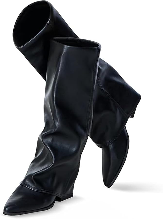 Knee High Boots Women, Fold Over Shark Boots Pointed Toe block heels Wide Calf\uff0cMinimalist St... | Amazon (US)