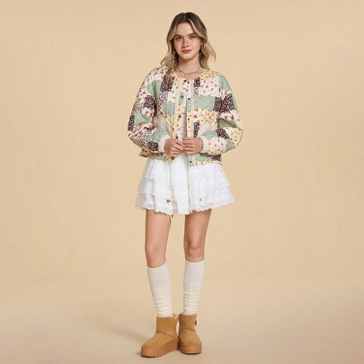 Women's Countryside Cottage Core Style Lace Trim Floral Patchwork Quilted Round Neck Regular Jacket With Heart Pocket | SHEIN