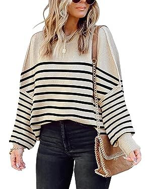 Womens Sweaters Causal Crewneck Batwing Sleeve Knit Top Side Split Oversized Pullover Sweater Loo... | Amazon (US)