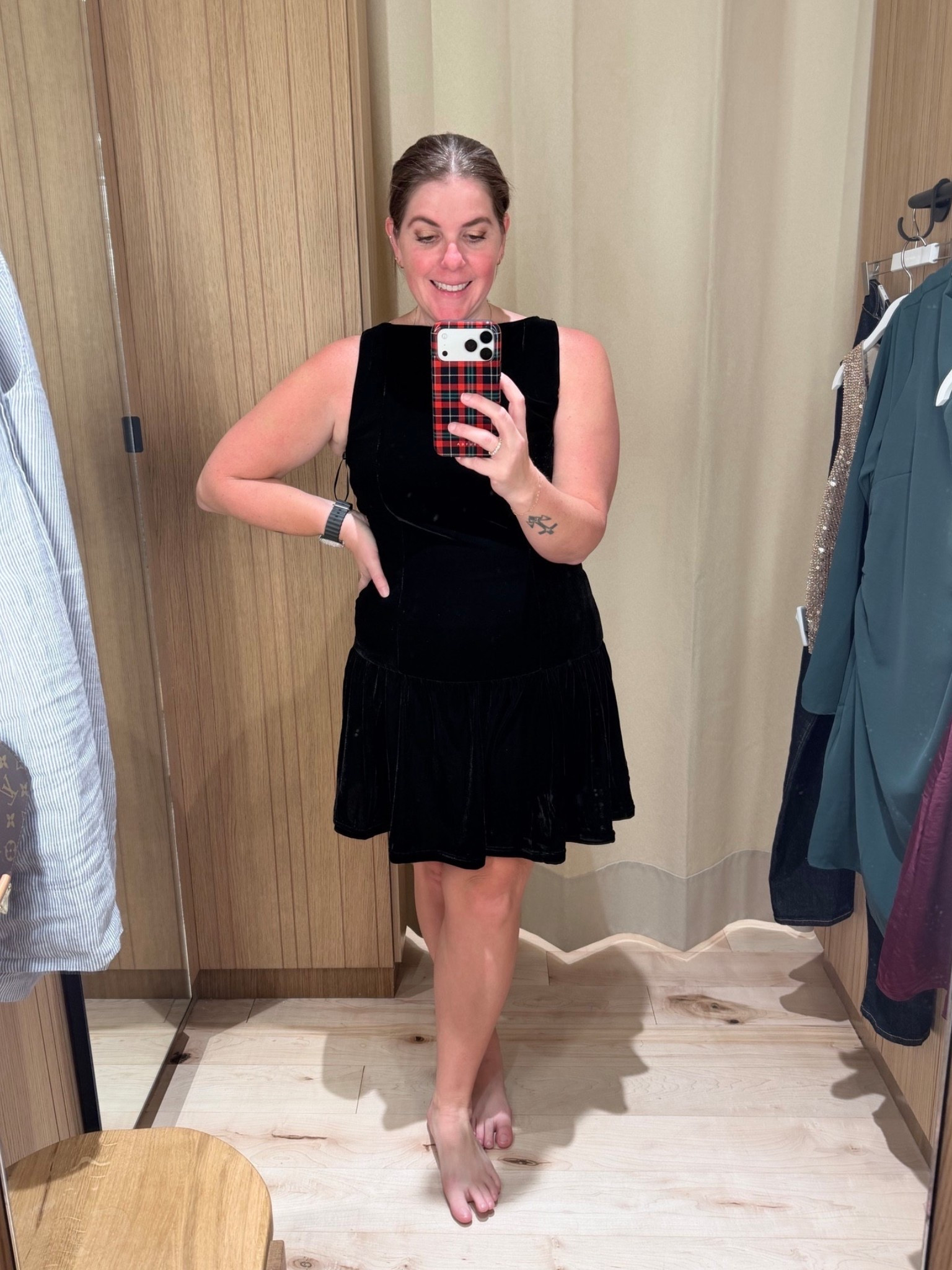 Black velvet is a classic and will always be a favorite of mine for the holidays! The dress is drop waisted and you can dress it up for a fancy party, or dress it down for a work event! The dress runs TTS and is under $70! 

#LTKHoliday #LTKFindsUnder100 #LTKSeasonal