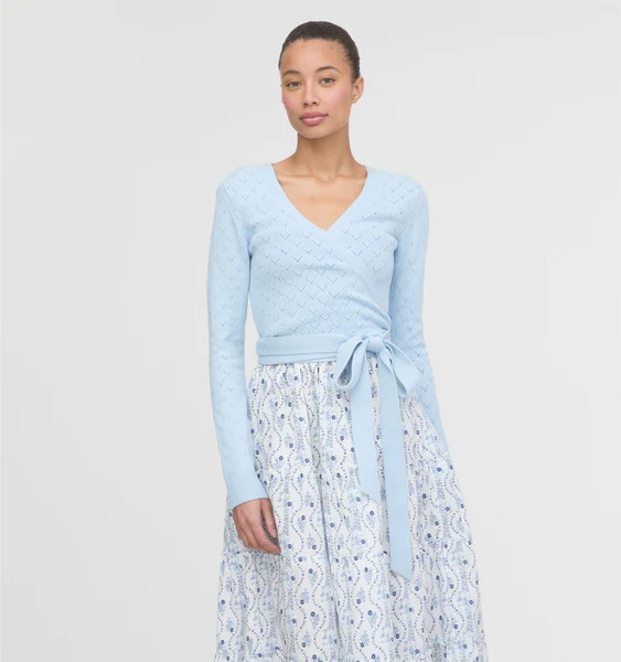 The Deirdre Wrap Sweater - Light Blue Pointelle | Hill House Home US