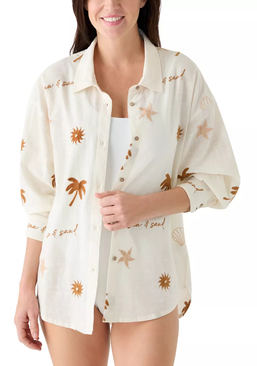 Women's Long Sleeve Sun Sand Print Embroidery Swim Cover Up | Belk
