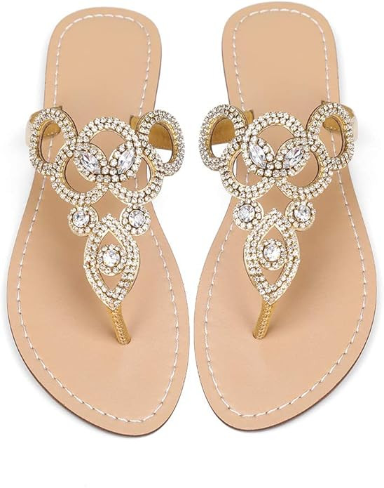 Summer Flat Sandals for Women Bohemia Style Rhinestone Jeweled T-strap Thong Sandals Flip Flops f... | Amazon (US)
