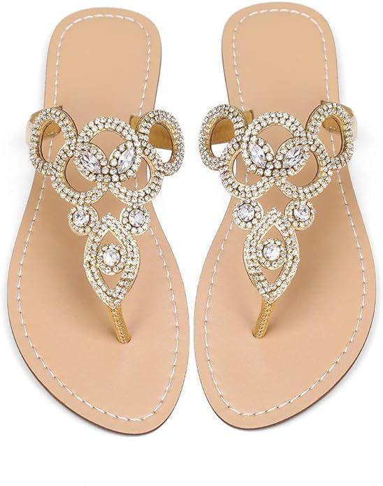 Summer Flat Sandals for Women Bohemia Style Rhinestone Jeweled T-strap Thong Sandals Flip Flops f... | Amazon (US)