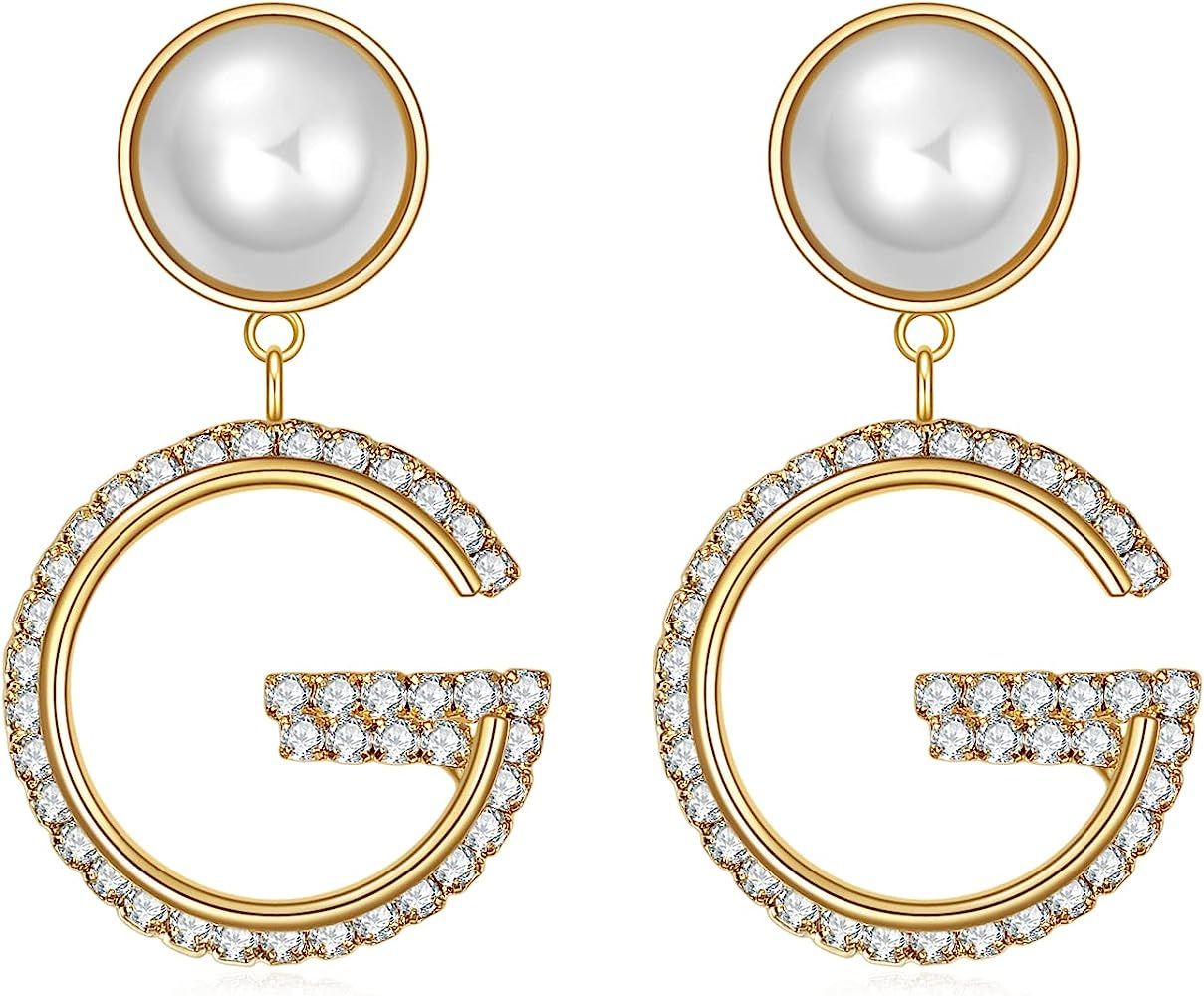 G Initial Letter Earrings - Pearl Drop Earrings Dangle Sterling Silver Hypoallergenic Earrings Cu... | Amazon (US)