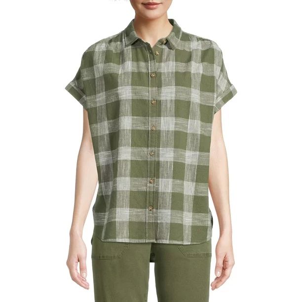 Time and Tru Women's Shirt with Roll Cuff Short Sleeves | Walmart (US)