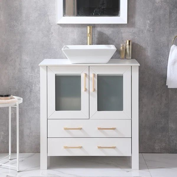 30" Matte White Modern Free-standing 2-drawer & 2-door Vessel Sink Bathroom Vanity Set | Wayfair North America