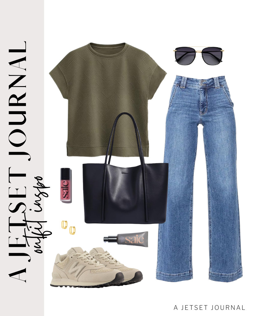 This soft leather tote bag pairs nicely with a green top and light-wash jeans. New Balance offers a comfortable pair of sneakers that complements this outfit perfectly. For your makeup, consider trying Saie’s liquid blush and tinted moisturizer. 

 #LTKSeasonal #LTKSaleAlert #LTKTravel