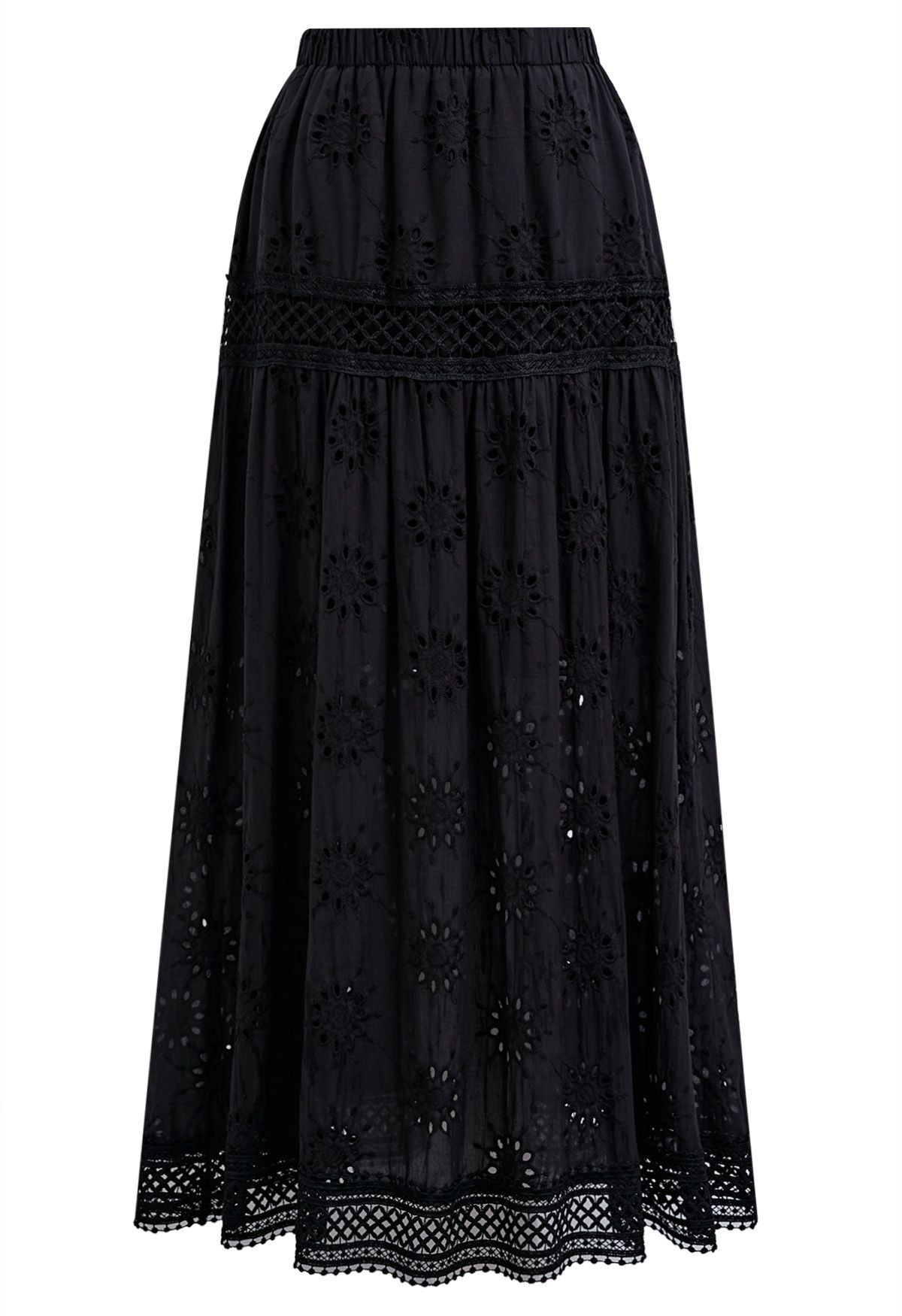 Floral Embroidered Eyelet Cotton Maxi Skirt in Black | Chicwish