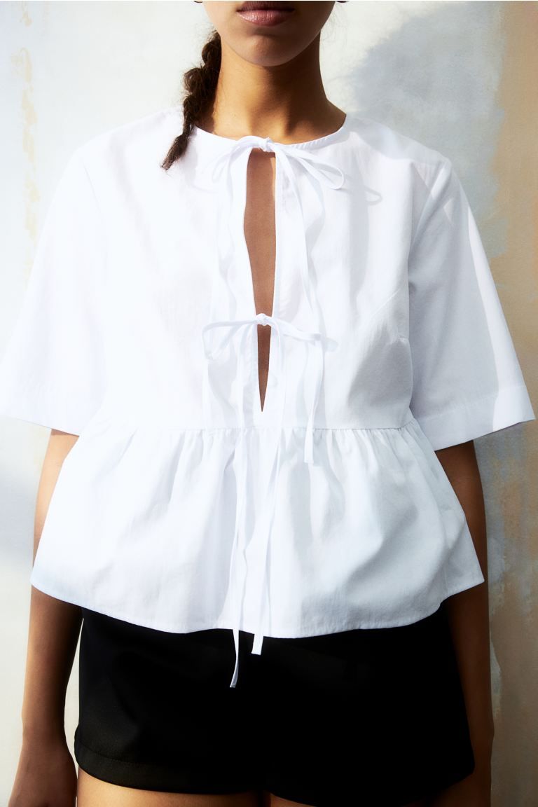 Tie-front Poplin Blouse - Round Neck - Short sleeve - White - Ladies | H&M US | H&M (US + CA)