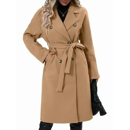 Women'S Wool Pea Coat Double Breasted Fleece Trench Coat Mid Long Winter Wool Blend Overcoat Dressy Outfit Khaki M | Walmart (US)