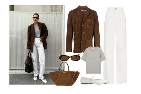 Slouchy white jeans, a touch of grey and a brown suede jacket! Steal her style below
