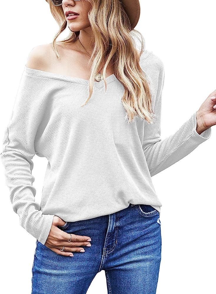 Aifer Women's Casual V-Neck Off Shoulder Batwing Sleeve Pullover Sweater Tops | Amazon (US)