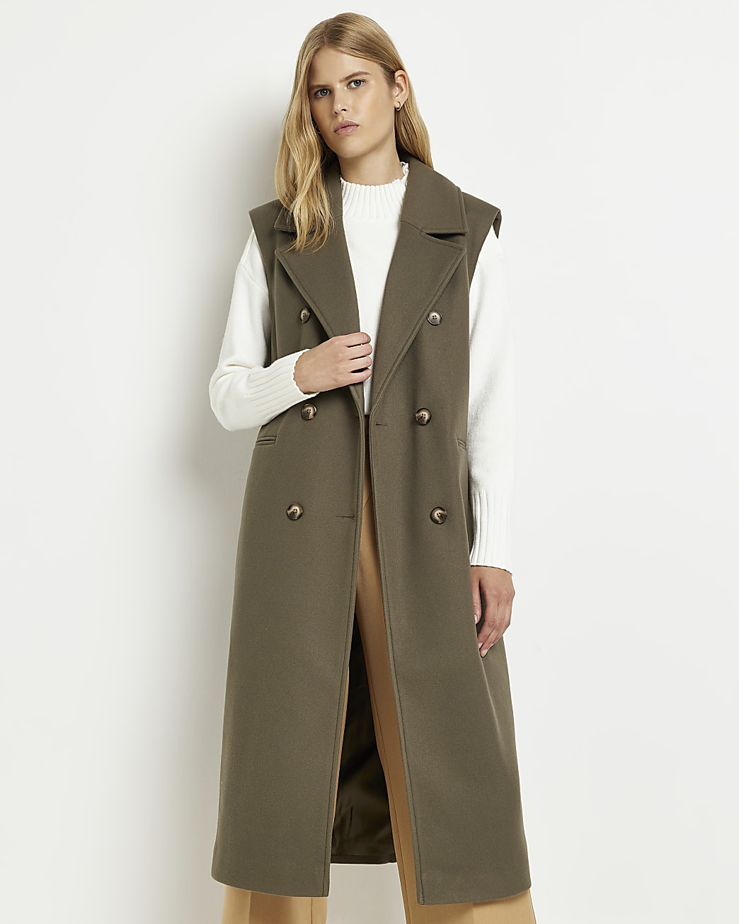 River Island Womens Khaki double breasted sleeveless coat | River Island (US)