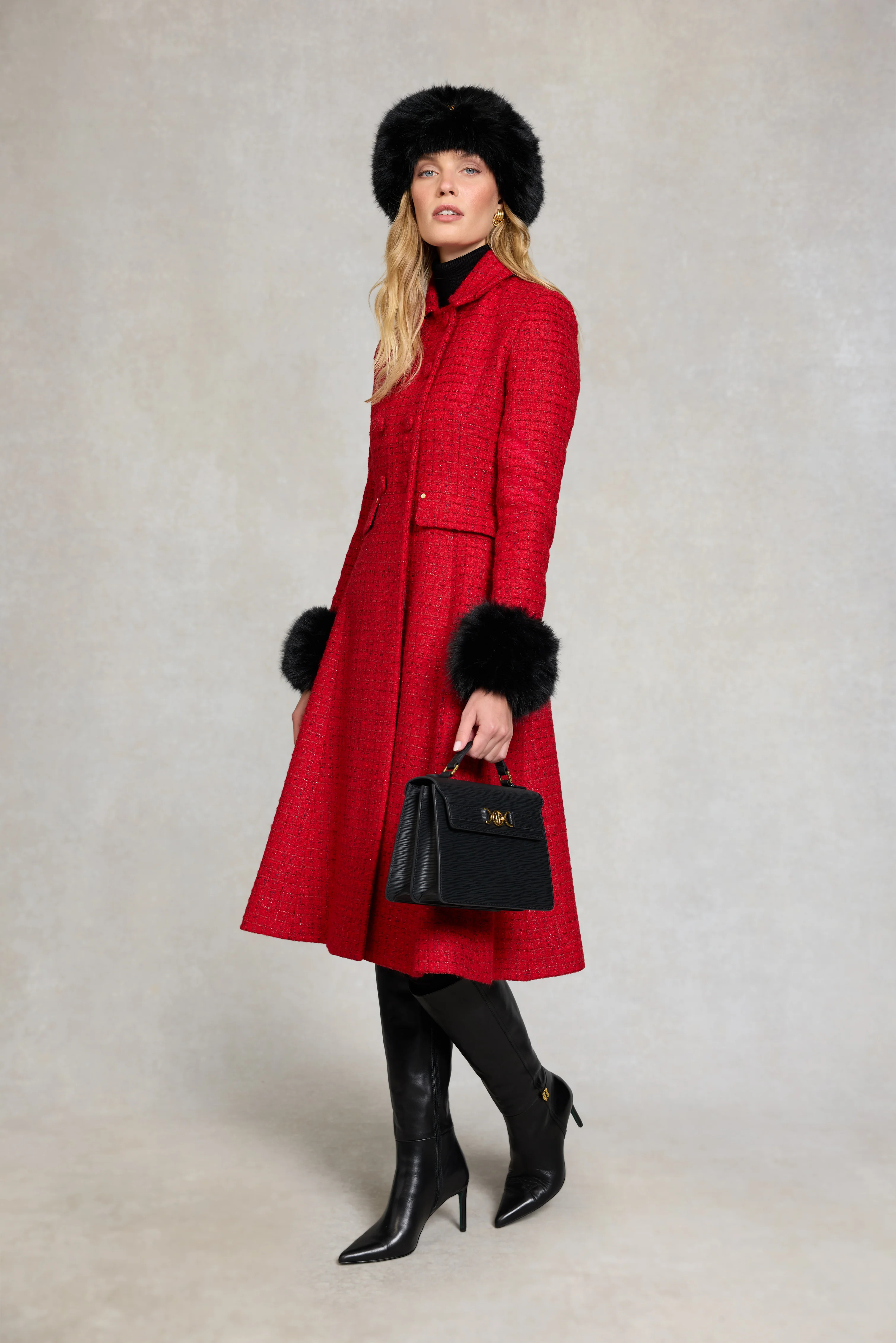 Windsor Fit & Flare Coat (Red Boucle) | Holland Cooper