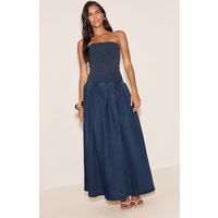 Indigo Drop Waist Denim Puffball Maxi Dress | PrettyLittleThing US