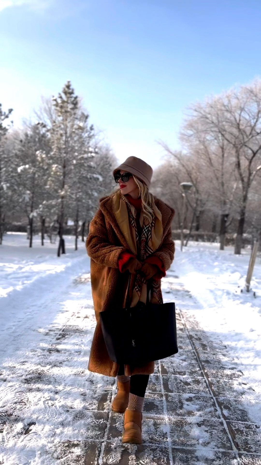 Holiday outfit, Max Mara teddy coat, red sweater, vintage Burberry scarf, winter travel look, fleece lined leggings, Ugg classic boots, YSL tote bag

#LTKSeasonal #LTKFindsUnder50 #LTKHoliday