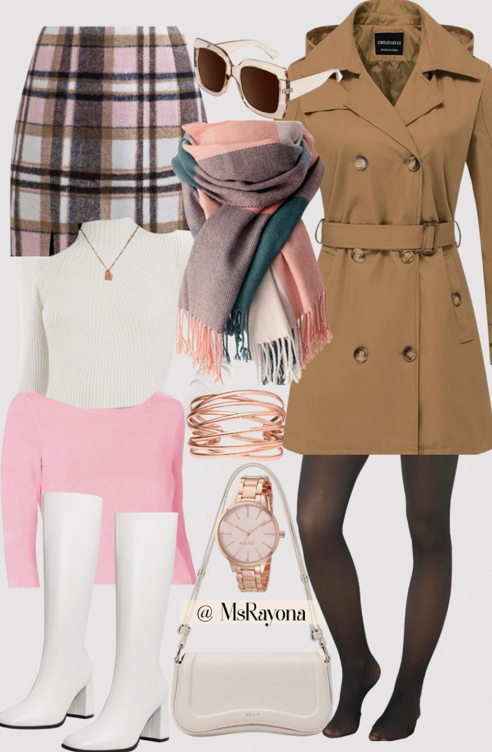 Fall neutrals with a soft pink twist. This plaid mini skirt paired with a turtleneck, chic coat and knee-high boots is giving cozy feminine vibes. Styled with a white bag, rose gold details and a pop of pink in the scarf — the perfect mix of classic + trendy for autumn.

Fall outfit idea featuring the NIMIN Plaid Light Brown & Pink Mini Skirt styled two ways: with a white fitted turtleneck sweater or a soft pink knit sweater to highlight the blush tones. Layered with a brown coat, sheer black tights, and knee-high white boots for a chic seasonal look. Accessories include a white crossbody bag, bracelet, rose gold watch, oversized sunglasses, and a pink and cream scarf for the perfect polished finish.

#fallfashion #cozychic #autumnvibes #plaidskirt #falloutfit #neutralswithapop #blushtones #kneehighboots #chicandcozy #ootdfall #fallstyleinspo #layeredlooks #plaidobsessed #softpinkstyle #ltkfall #stylewithdetails #autumnwardrobe #chicaccessories #seasonalstyle #polishedlooks

#LTKBeauty #LTKFallSale #LTKSeasonal