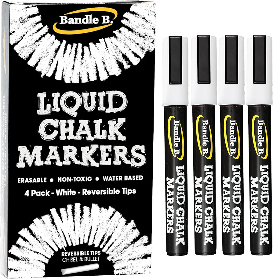 Bandle B. Chalk Markers - 4 White, Erasable, Non-Toxic, Water-Based, Reversible Tips, Crisp White... | Amazon (US)