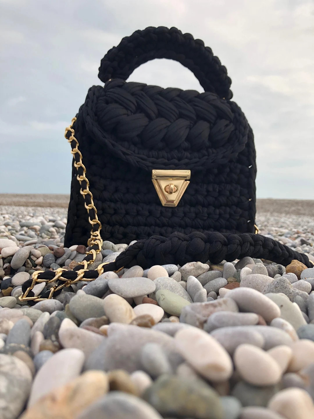 Black Knitted Woven Evening Bag - Etsy | Etsy (US)