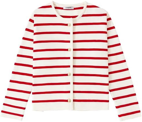 Women's Striped Cardigan Sweater Trendy Long Sleeve Button Down Crewneck Knit Cardigans | Amazon (US)