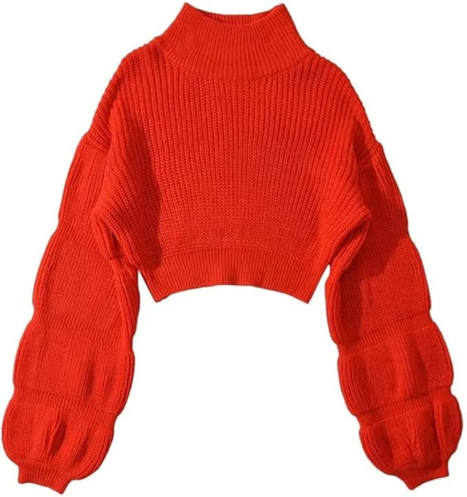 HOULENGS Women's Casual Cropped Turtleneck Pullover Sweater Lantern Sleeve Ribbed Knit Jumper Top... | Amazon (US)