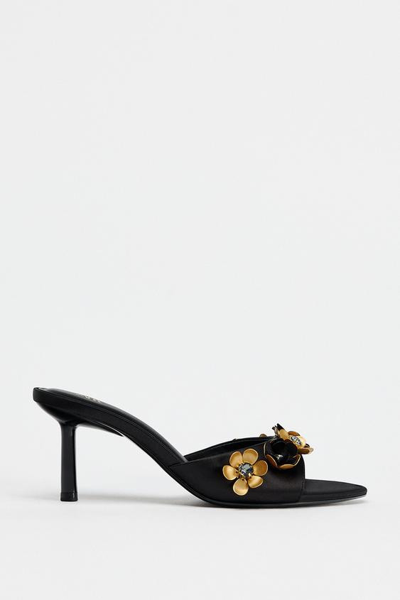SATIN EFFECT FLORAL HEELED SANDALS | Zara US