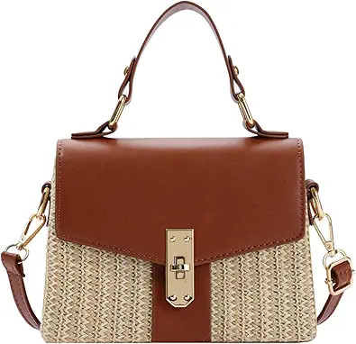 Summer Woven Straw Crossbody Bag Women Color Block Flap Box Purse Lock Closure Mini Satchel | Amazon (US)