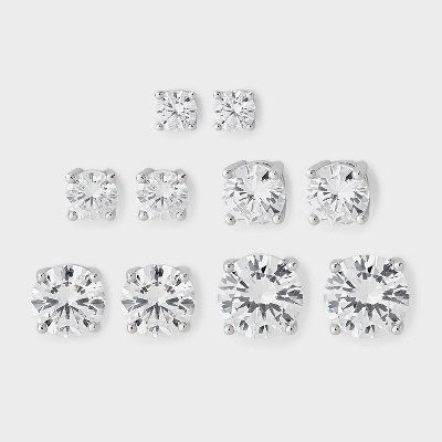 Silver Plated Cubic Zirconia Round Stud Post Earring Set 5pc - A New Day™ | Target