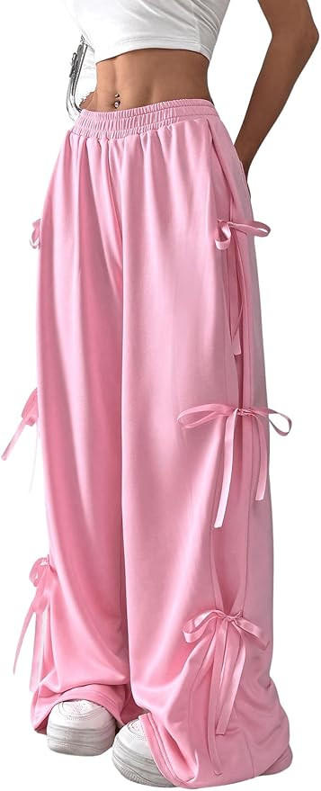 Verdusa Women's Baggy Sweatpants Elastic Waist Casual Bow Wide Leg Pants with Pocket Y2K Going Ou... | Amazon (US)