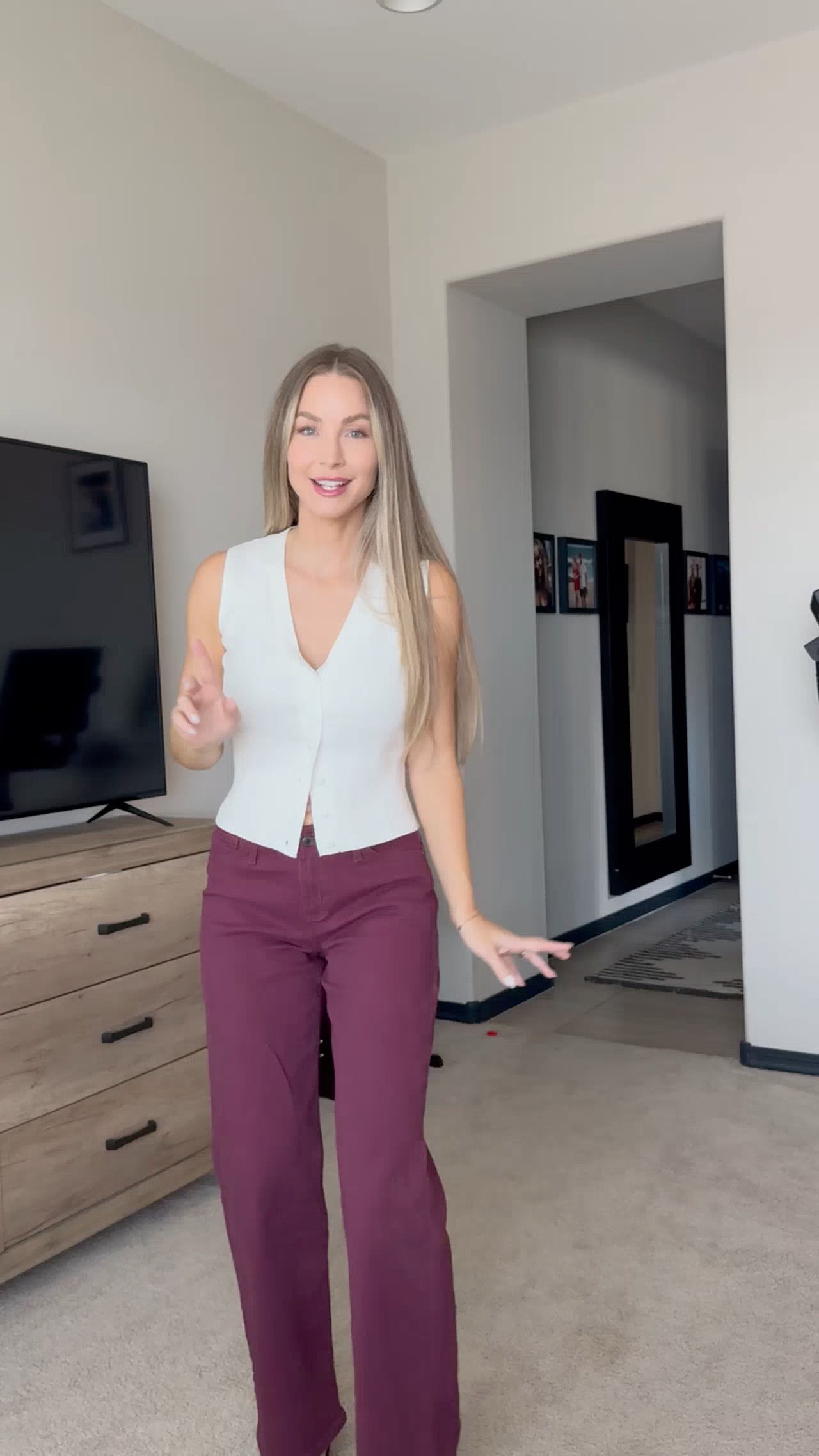 Fall Outfit Idea
Top is from Amazon, it's a button up sleeveless sweater. I'm wearing size small.
Jeans are from Walmart, they are the perfect wine red color. I'm wearing size XS.
Sling back pumps are from Amazon, they are the perfect shade of brown for fall.  

 #LTKSeasonal #LTKStyleTip #LTKWorkwear