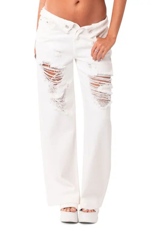 EDIKTED Ripped Foldover Boyfriend Jeans in White at Nordstrom, Size X-Large | Nordstrom