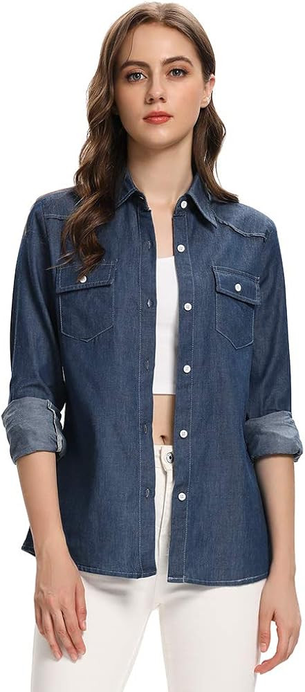 Aeslech Women's Chambray Button Down Shirt Long Sleeve Cotton Blouse Lightweight Denim Tops | Amazon (US)