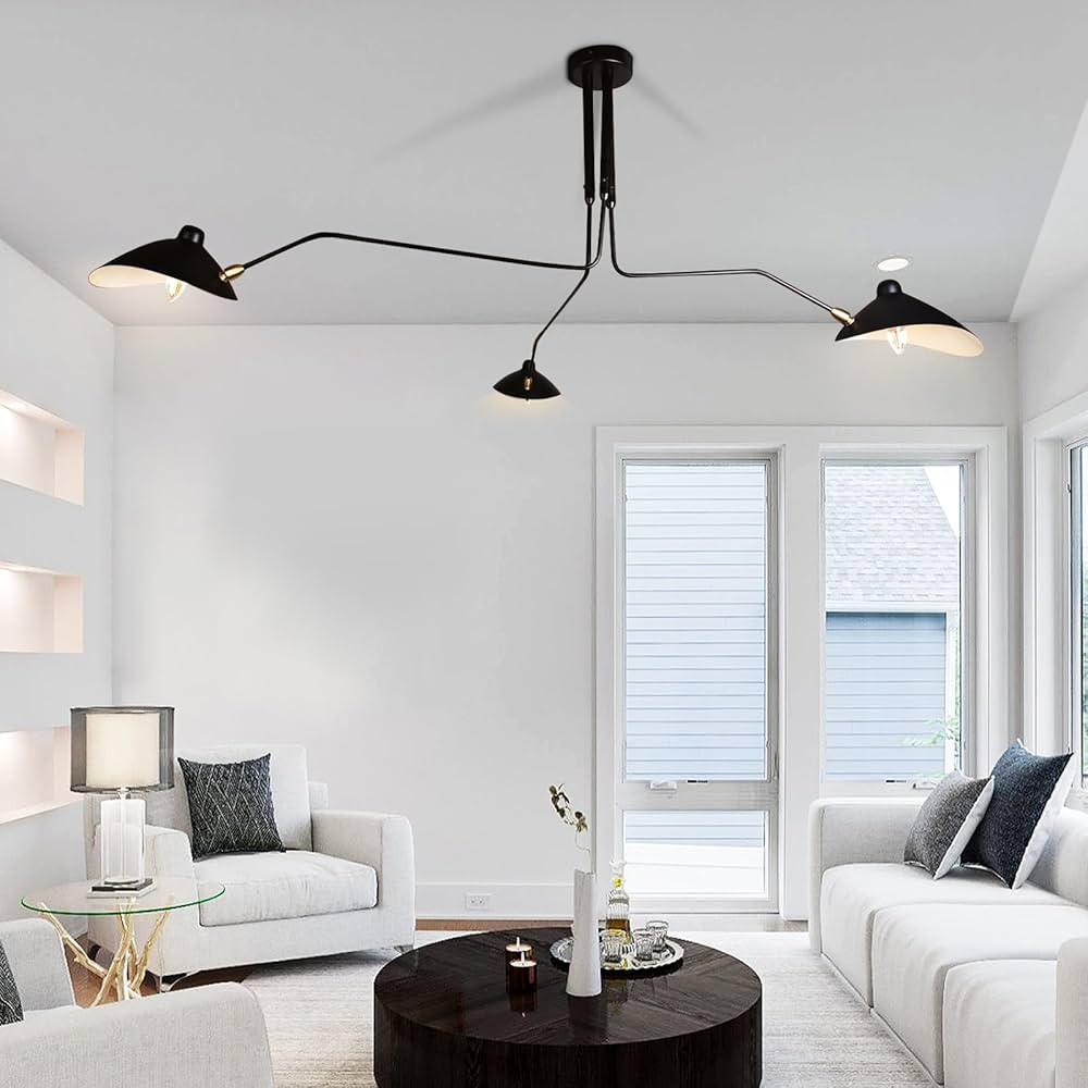 63" Mid-Century Modern Chandelier, Matt Black Adjustable 3-Arms Large Pendant Lighting Fixture fo... | Amazon (US)