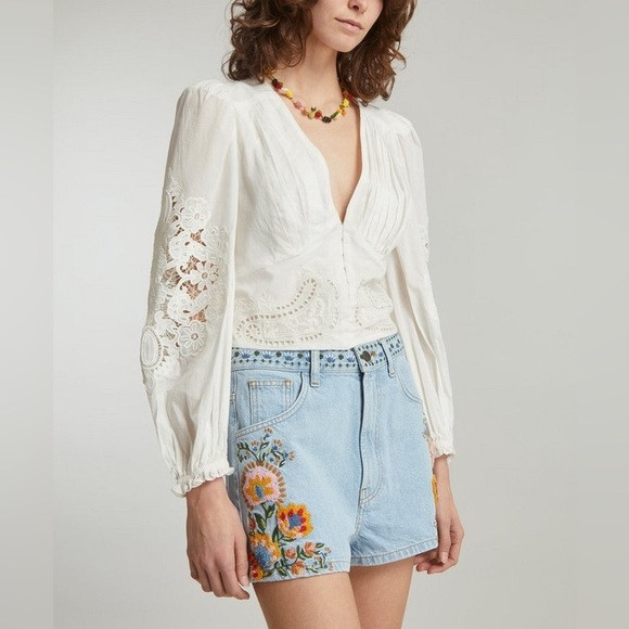Farm Rio Off-White Lace Cut-Out Long Sleeve V-Neck Blouse Medium Bohemian Casual | Poshmark